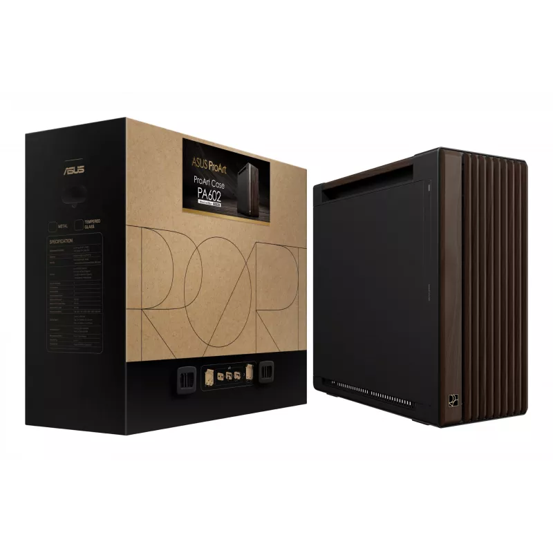PC-korpus ASUS ProArt PA602 Wood Edition Midi Tower — must ja puit, toetab ATX/EATX, 2x200 mm ees, 1x140 mm taga