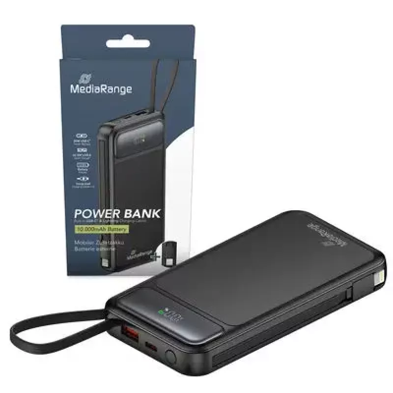Akupank MediaRange MRMA753 10 000 mAh LiPo integreeritud kaablite, LC-ekraani, USB-C PD ja Quick Charge'iga, must
