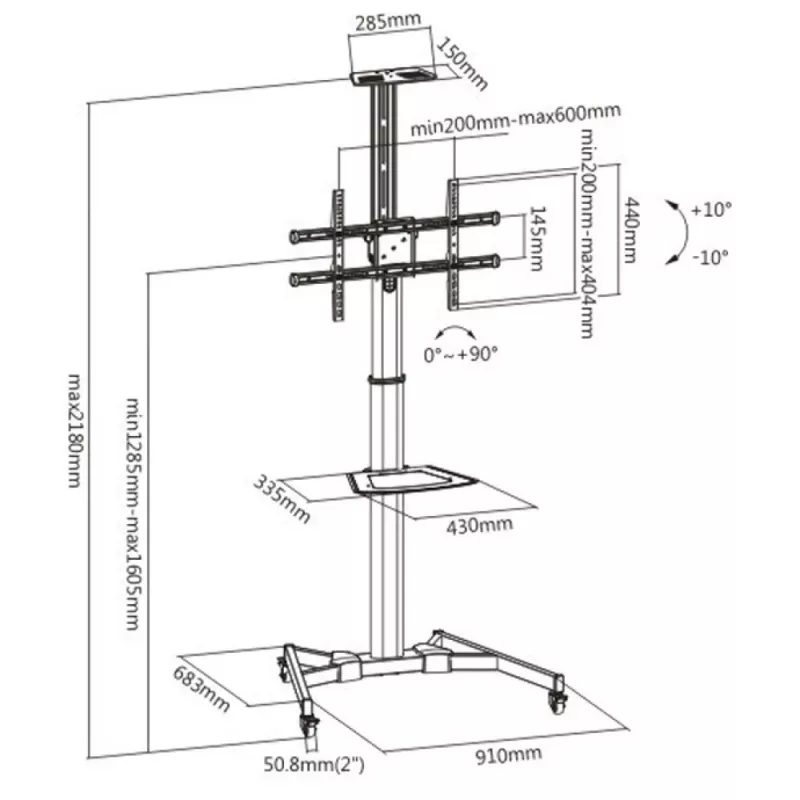 Techly ICA-TR46 multimeediakäru/statiiv Must Lameekraan