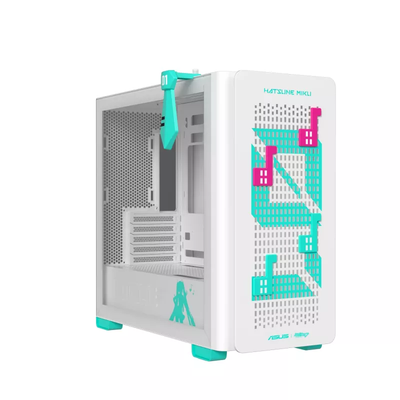 PC korpus ASUS A23 Hatsune Miku Edition — micro ATX / Mini-ITX, toetab 120/140 mm ventilaatoreid, 2,5-tollised ja 3,5-tollised kettad, türkiissinine/valge