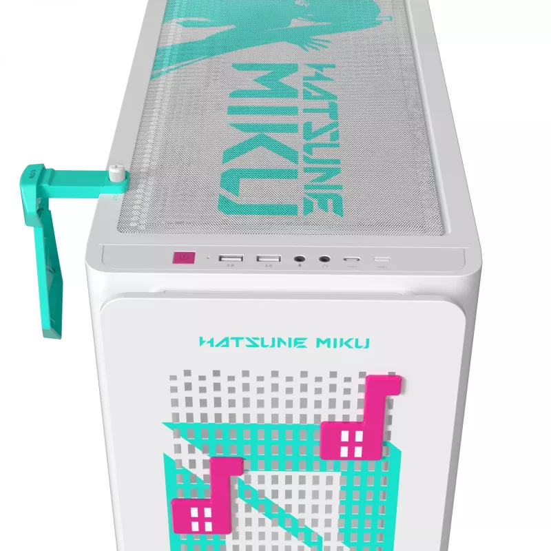 PC korpus ASUS A23 Hatsune Miku Edition — micro ATX / Mini-ITX, toetab 120/140 mm ventilaatoreid, 2,5-tollised ja 3,5-tollised kettad, türkiissinine/valge