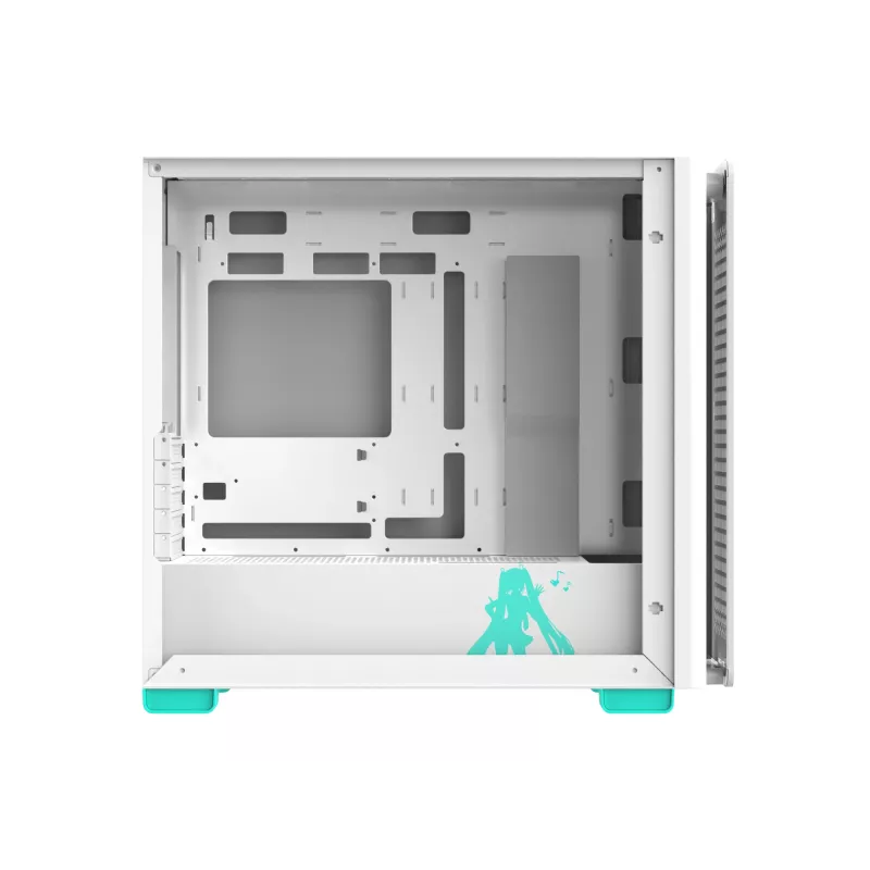PC korpus ASUS A23 Hatsune Miku Edition — micro ATX / Mini-ITX, toetab 120/140 mm ventilaatoreid, 2,5-tollised ja 3,5-tollised kettad, türkiissinine/valge