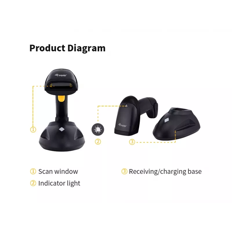 Equip juhtmevaba 1D laser-vöötkoodiskanner, pikk vahemaa, koos alusega