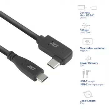 ACT USB 3.0 10Gbps 60W USB USB-C (sirge) USB USB-C (vasakule/paremale nurga all) kaablile, 0,5 meetrit