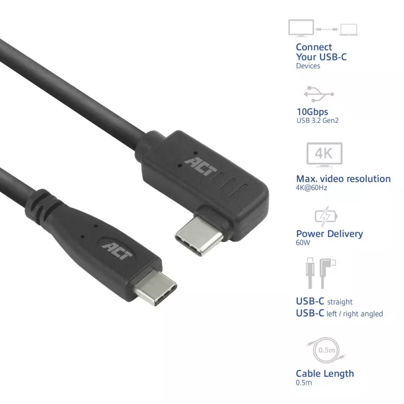 ACT USB 3.0 10Gbps 60W USB USB-C (sirge) USB USB-C (vasak/parem nurga all) kaabel, 3 meetrit