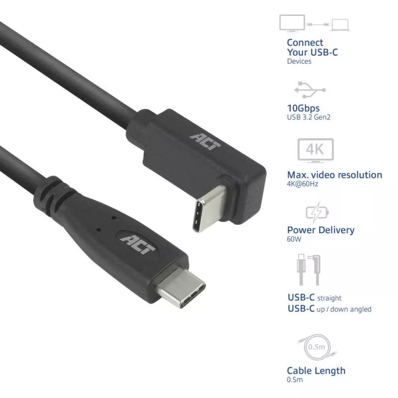 ACT USB 3.0 10Gbps 60W USB USB-C (sirge) USB USB-C (üles/alla nurga all) kaabel, 1 meeter