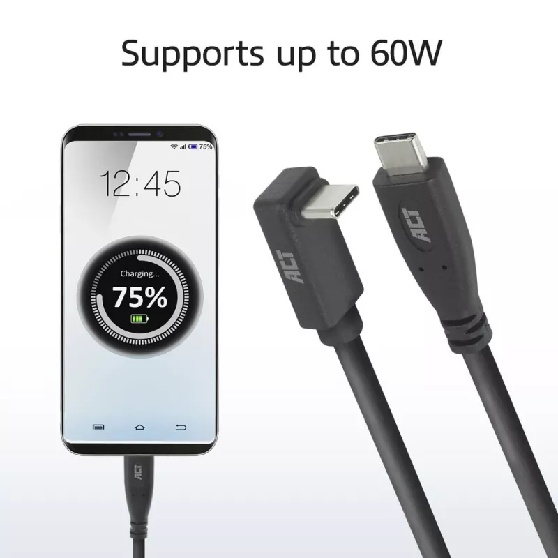 ACT USB 3.0 10Gbps 60W USB USB-C (sirge) USB USB-C (üles/alla nurga all) kaabel, 1 meeter