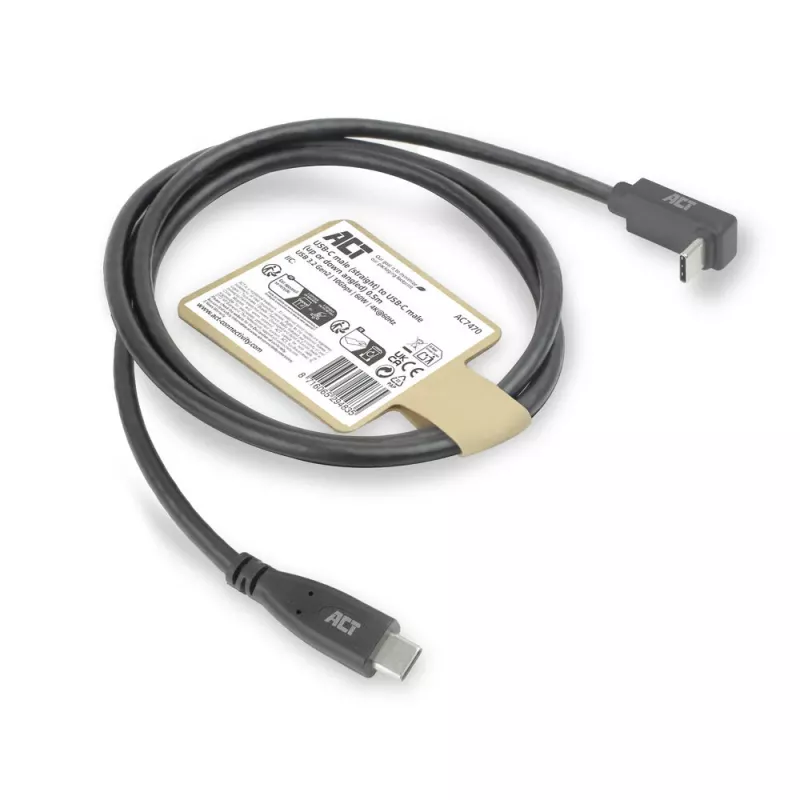 ACT USB 3.0 10Gbps 60W USB USB-C (sirge) USB USB-C (üles/alla nurga all) kaabel, 1 meeter