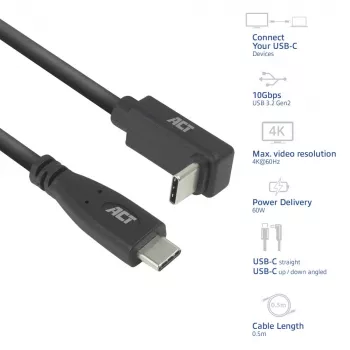 ACT USB 3.0 10Gbps 60W USB USB-C (sirge) USB USB-C (üles/alla nurga all) kaabel, 2 meetrit