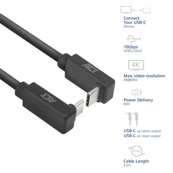 ACT USB 3.0 10Gbps 60W USB USB-C (üles/alla nurga all) – USB USB-C (üles/alla nurga all) kaabel, 2 meetrit