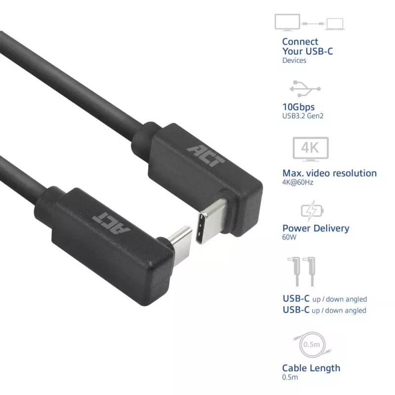 ACT USB 3.0 10Gbps 60W USB USB-C (üles/alla nurga all) – USB USB-C (üles/alla nurga all) kaabel, 2 meetrit