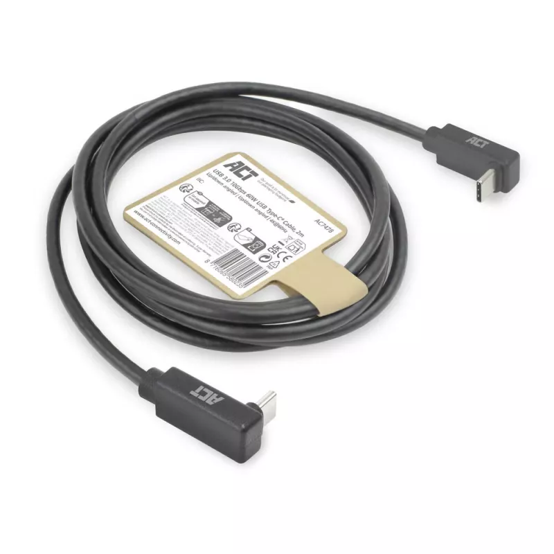 ACT USB 3.0 10Gbps 60W USB USB-C (üles/alla nurga all) – USB USB-C (üles/alla nurga all) kaabel, 2 meetrit