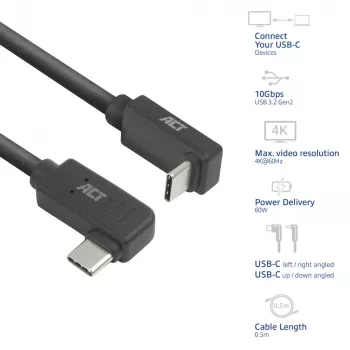 ACT USB 3.0 10Gbps 60W USB USB-C (vasak/parem nurga all) USB USB-C (üles/alla nurga all) kaabel, 1 meeter