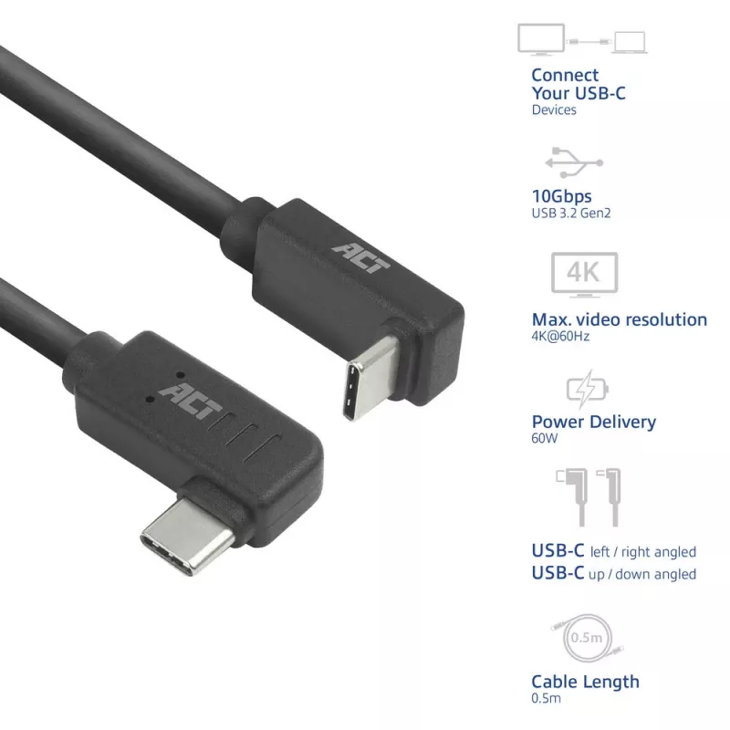 ACT USB 3.0 10Gbps 60W USB USB-C (vasak/parem nurga all) USB USB-C (üles/alla nurga all) kaabel, 2 meetrit