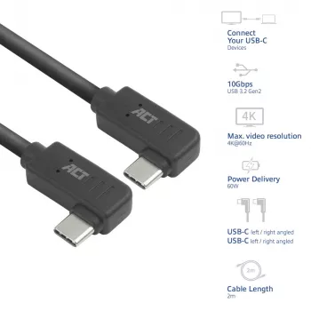 ACT USB 3.0 10 Gbps 60 W USB USB-C (vasak/parem nurga all) USB USB-C (vasak/parem nurga all) kaabel, 1 meeter