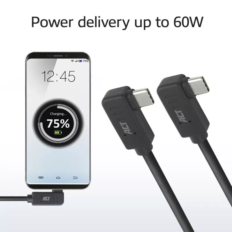 ACT USB 3.0 10Gbps 60W USB USB-C® (vasakule/paremale nurga all) USB USB-C® (vasakule/paremale nurga all) kaabel, 2 meetrit