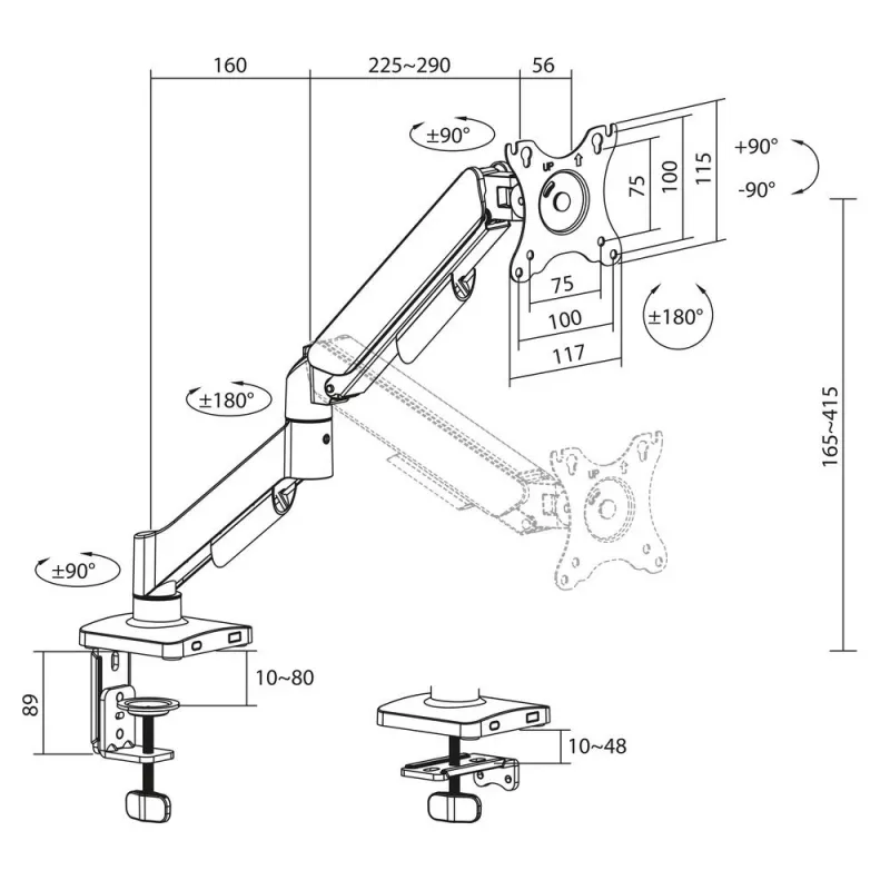 Monitorihoidja ACT kuni 35-tollistele ekraanidele, gaasvedru, ühe monitori jaoks, klamber/läbiviik, kuni 9 kg, VESA 75x75–100x100, kallutus ±45°, must
