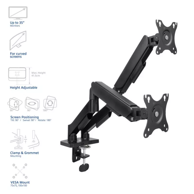 ACT Monitor arm 35 inch, gas spring, 2 monitors, Essentials, Clamp/Grommet, 18 kg, 43.2 cm (17 inch), 88.9 cm (35 inch), 100 x 100 mm, Must