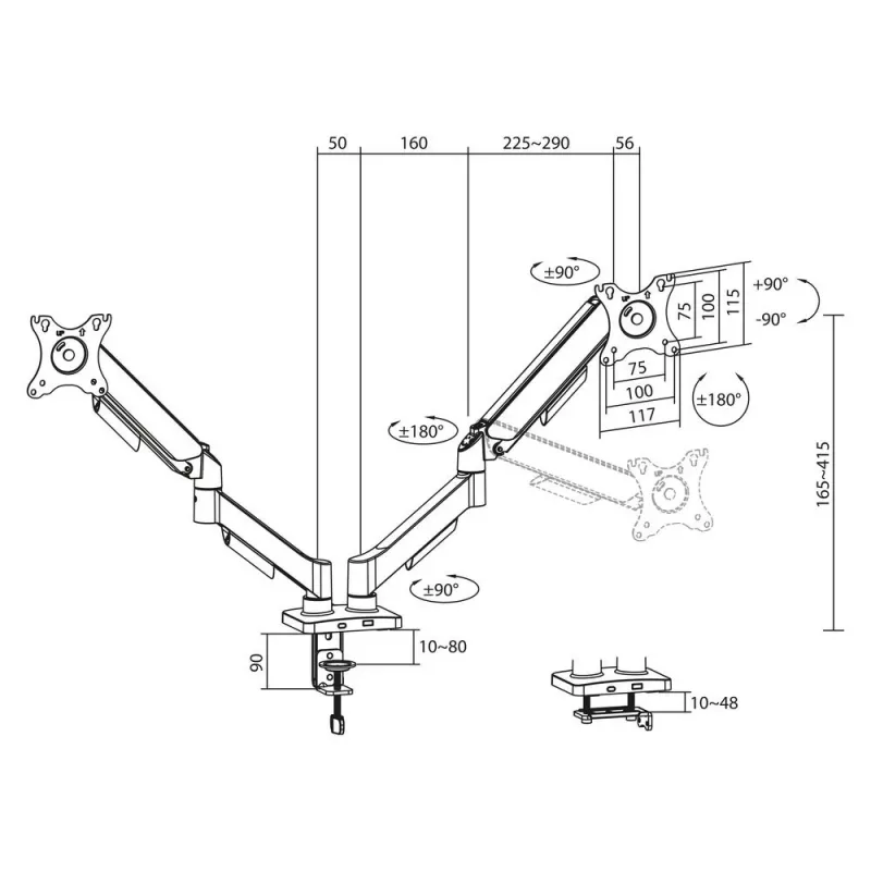 ACT Monitor arm 35 inch, gas spring, 2 monitors, Essentials, Clamp/Grommet, 18 kg, 43.2 cm (17 inch), 88.9 cm (35 inch), 100 x 100 mm, Must