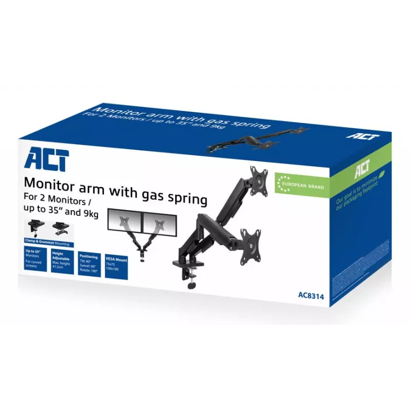 ACT Monitor arm 35 inch, gas spring, 2 monitors, Essentials, Clamp/Grommet, 18 kg, 43.2 cm (17 inch), 88.9 cm (35 inch), 100 x 100 mm, Must
