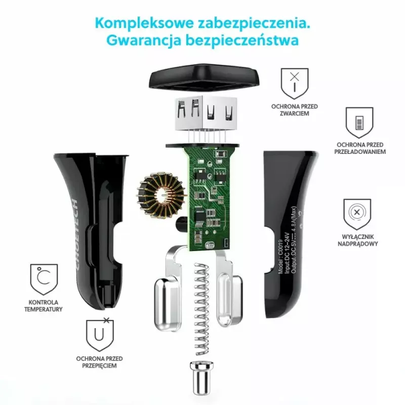 Toiteadapter CHOETECH C0051 kahe USB-A pordiga 36W QC3.0, must