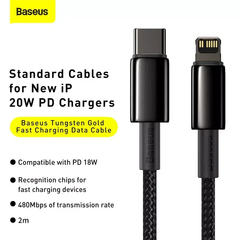 Baseus Tungsten Gold 2 m must Lightning USB-C kaabel