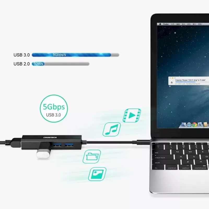 USB USB-C–RJ-45 Etherneti adapter 3 USB Type-A pordiga CHOETECH HUB-U02BK