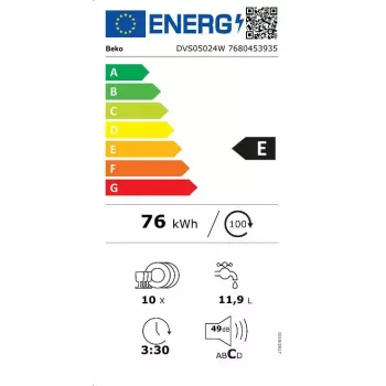 Vabaltseisev õhuke nõudepesumasin BEKO DVS05024W — 10 nõudekomplekti, 45 cm, 49 dB, E-klass