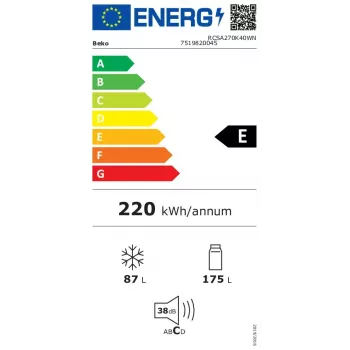 Külmik-sügavkülmik BEKO RCSA270K40WN, eraldiseisev, 262 L kogumaht (175 L külmik / 87 L sügavkülmik), 1708 mm, valge