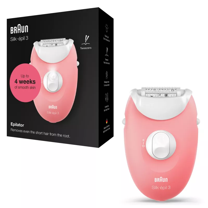 Braun Silk-épil 3 3-176 epilaator 3 lisaseadmega, Roosa, Valge, 20 pintsetti, Raseerimine, AC, 100–240 V, 50–60 Hz