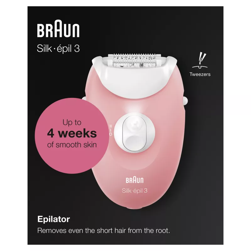 Braun Silk-épil 3 3-176 epilaator 3 lisaseadmega, Roosa, Valge, 20 pintsetti, Raseerimine, AC, 100–240 V, 50–60 Hz