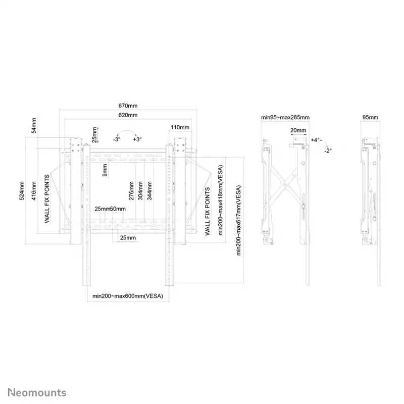 Neomounts videoseina kinnitus, 70 kg, 81,3 cm (32 tolli), 190,5 cm (75 tolli), 200 x 200 mm, 600 x 600 mm, 0 - 6°