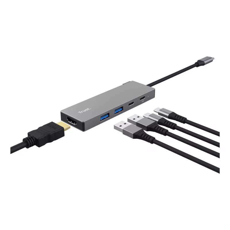 USB USB-C-jaotur TRUST 26062 — HDMI + USB 3.2 Gen 1 Type-A ja USB-C, hall, 5 porti