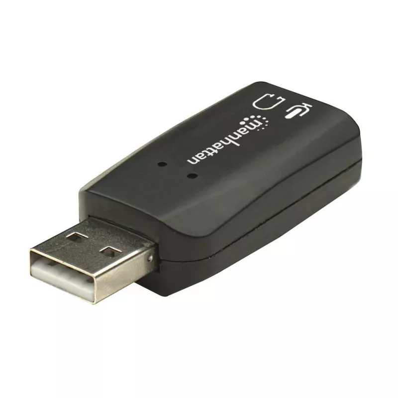 Manhattan USB-A heliadapter, USB-A kuni 3,5 mm mikrofoni-sisend ja heli-väljund pordid, 480 Mbps (USB 2.0), toetab 3D ja virtuaalset 5.1 ruumilist heli, Hi-Speed USB, must, kolmeaastane garantii