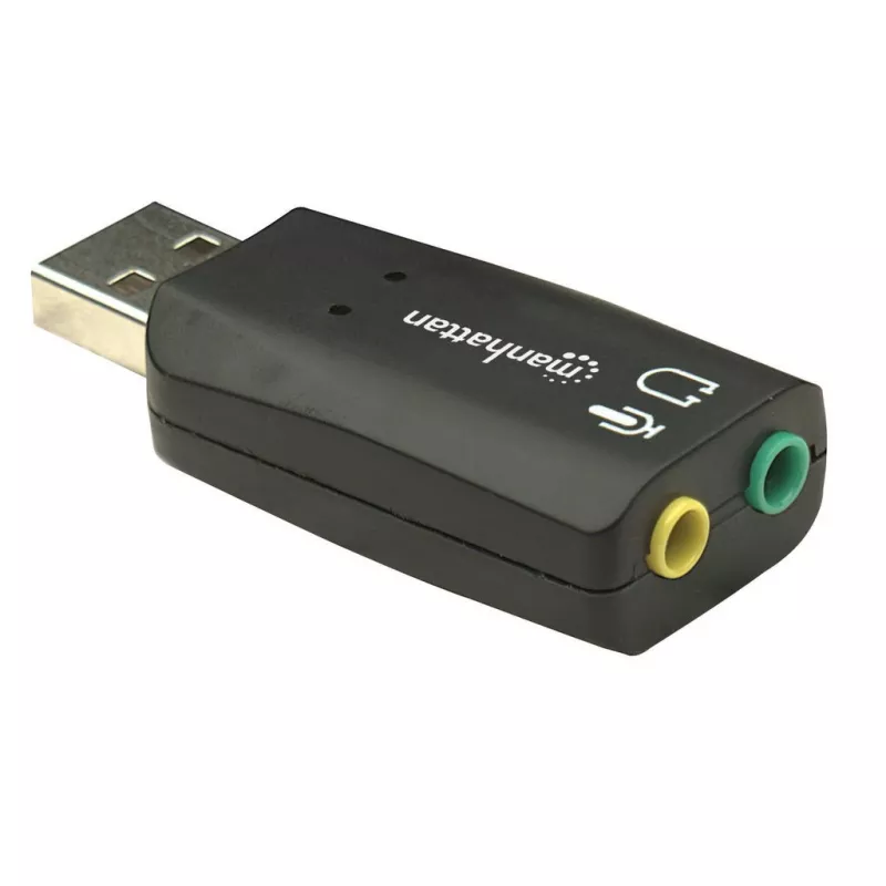 Manhattan USB-A heliadapter, USB-A kuni 3,5 mm mikrofoni-sisend ja heli-väljund pordid, 480 Mbps (USB 2.0), toetab 3D ja virtuaalset 5.1 ruumilist heli, Hi-Speed USB, must, kolmeaastane garantii