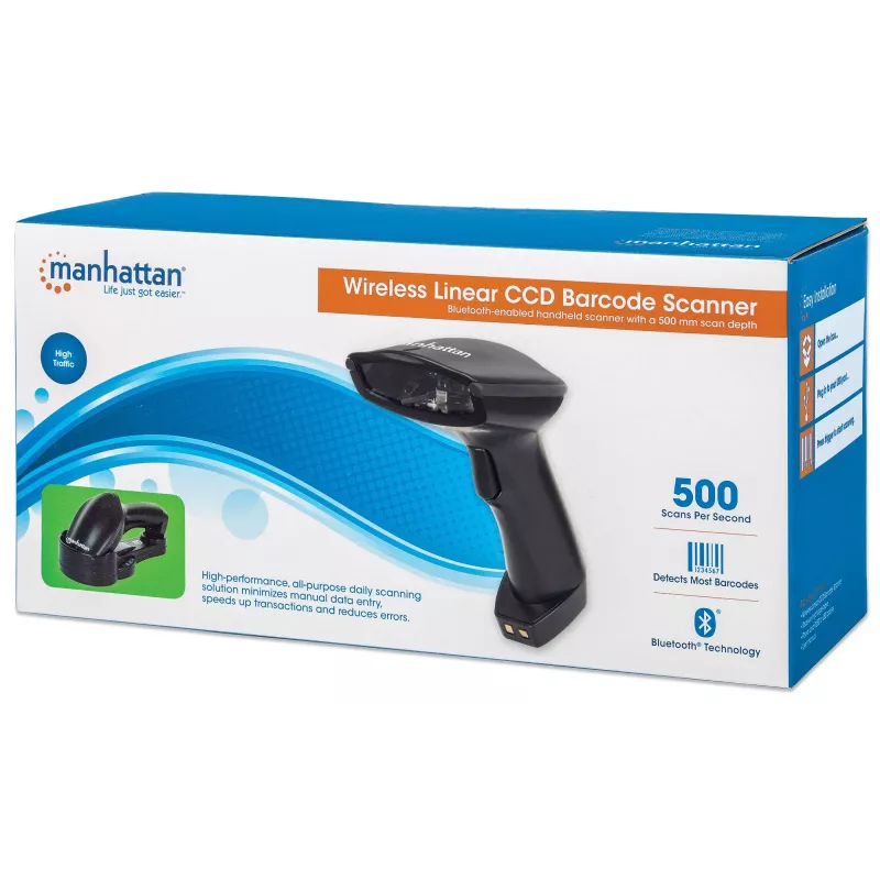 Manhattan Wireless Linear Handheld CCD Barcode Scanner, Bluetooth, 500mm Scan Depth, up to 80m effective range (line of sight), Max Ambient Light 100,000 lux (sunlight), EU/US/UK/AU interchangeable plug, Must, Three Year Warranty