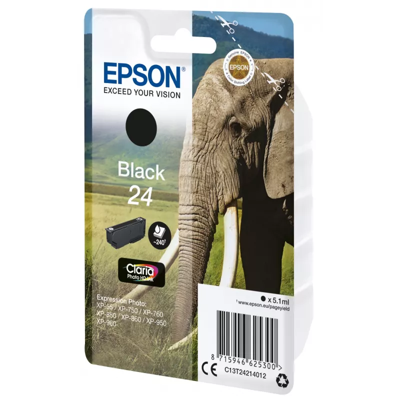 Epson Elephant Singlepack Must 24 Claria Photo HD tint, must, pigmendipõhine tint, 5,1 ml, 1 tk, 240 lehekülge, üksikpakend