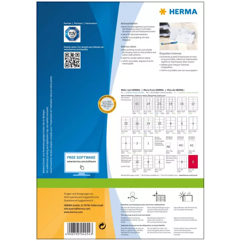 Aadressisildid Premium HERMA A4 38,1x21,2 mm 6500 tk