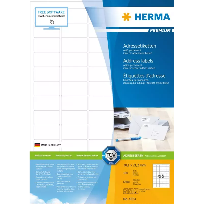 Aadressisildid Premium HERMA A4 38,1x21,2 mm 6500 tk