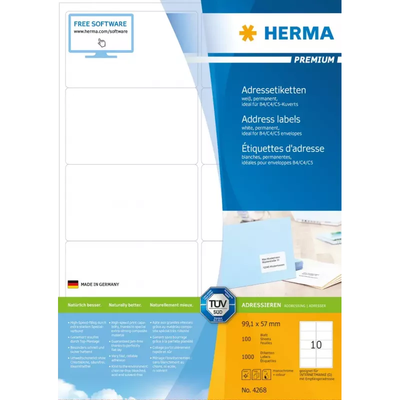 Aadressikleebised Premium HERMA A4 99,1x57 mm 1000 tk