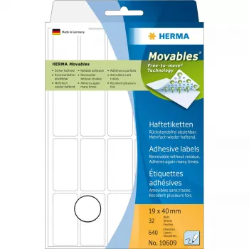 Mitmeotstarbelised sildid HERMA 10609 19x40 mm valged Movables eemaldatavad paberist 640 tk