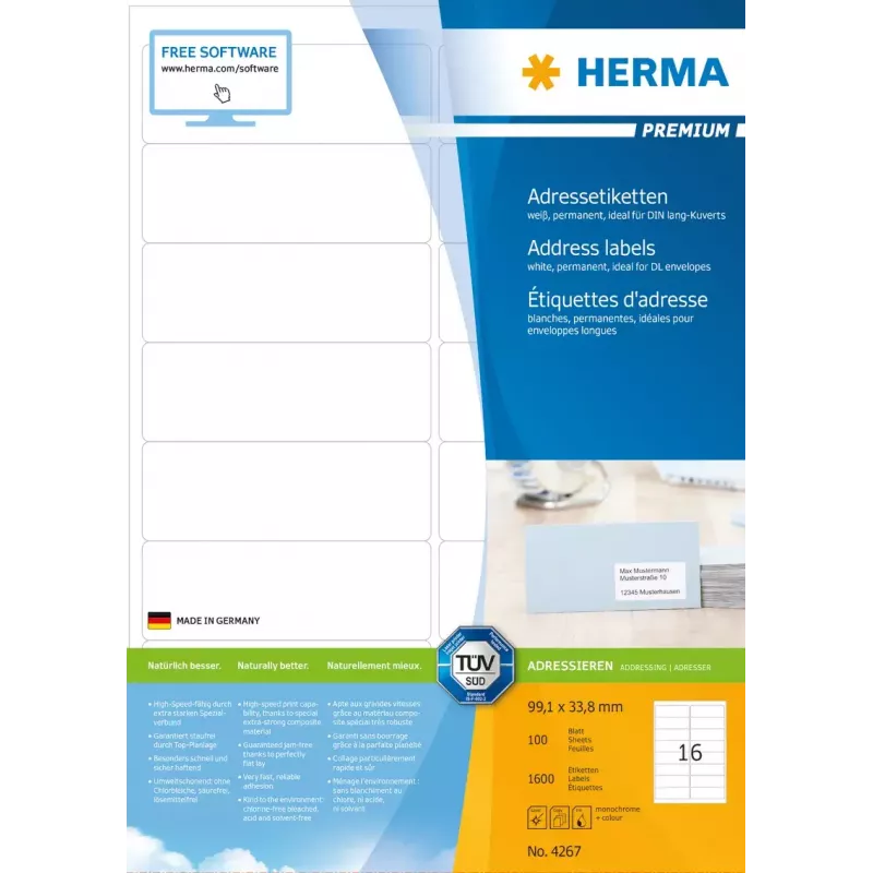 Aadressisildid isekleepuvad HERMA Premium A4 99,1x33,8 mm 1600 tk