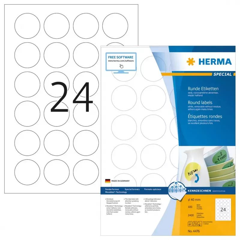 Isekleepuvad sildid HERMA eemaldatavad A4 Ø 40 mm 2400 tk