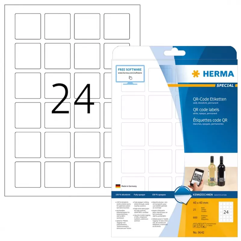 QR-koodi sildid HERMA 9642 A4 40x40 mm ruudukujulised valged paberist