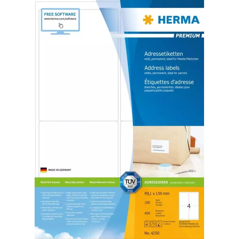Aadressisildid Premium HERMA A4 99,1x139 mm 400 tk