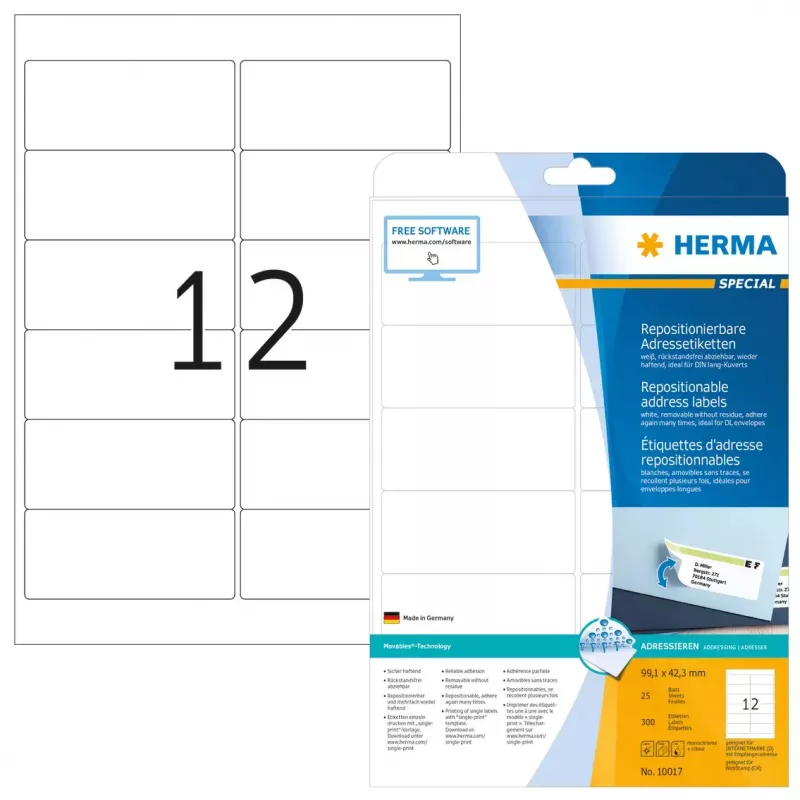 Ümberpaigutatavad aadressisildid HERMA 10017 A4 99,1x42,3 mm