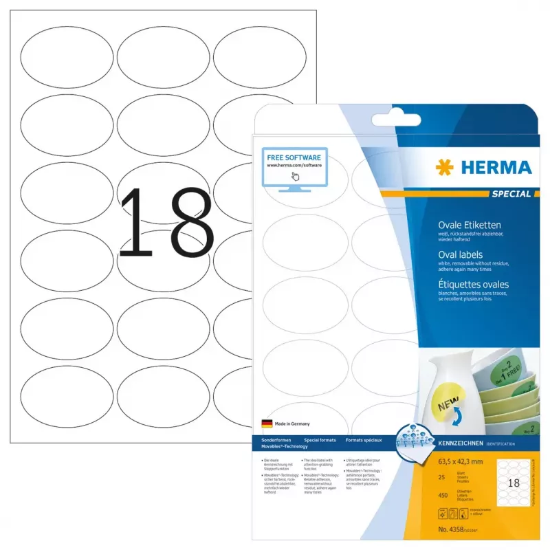 Isekleepuvad sildid HERMA Removable A4 63,5x42,3 mm 450 tk