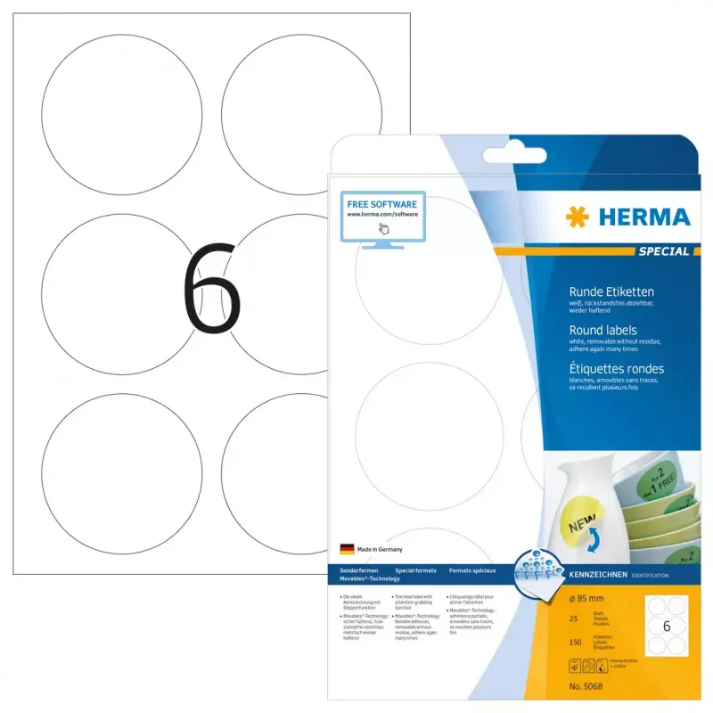 Eemaldatavad sildid HERMA A4 Ø 85 mm ümmargune valge 150 tk