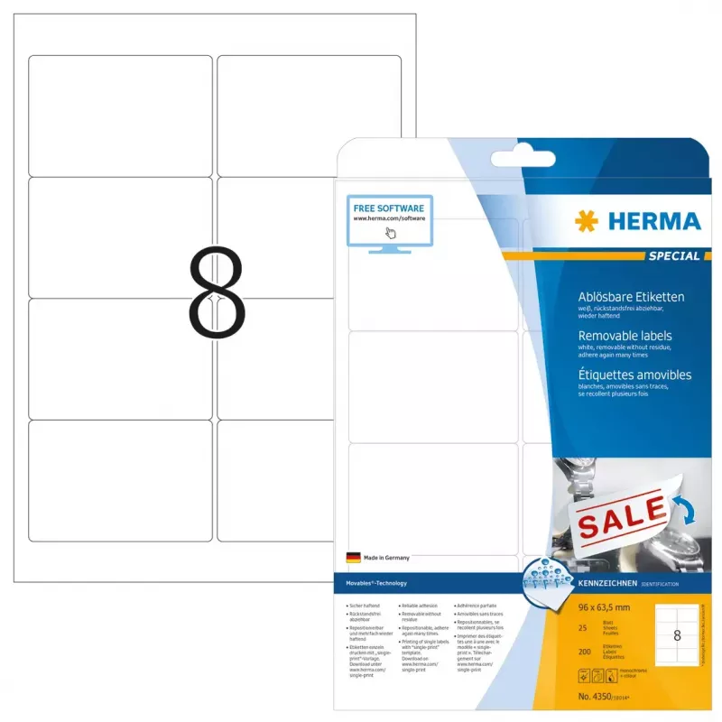 Isekleepuv printerisilt HERMA eemaldatavad sildid A4 96x63,5 mm