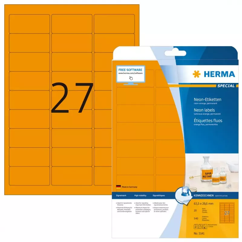 Kleebised HERMA Neon A4 63,5x29,6 mm ereoranž 540 tk